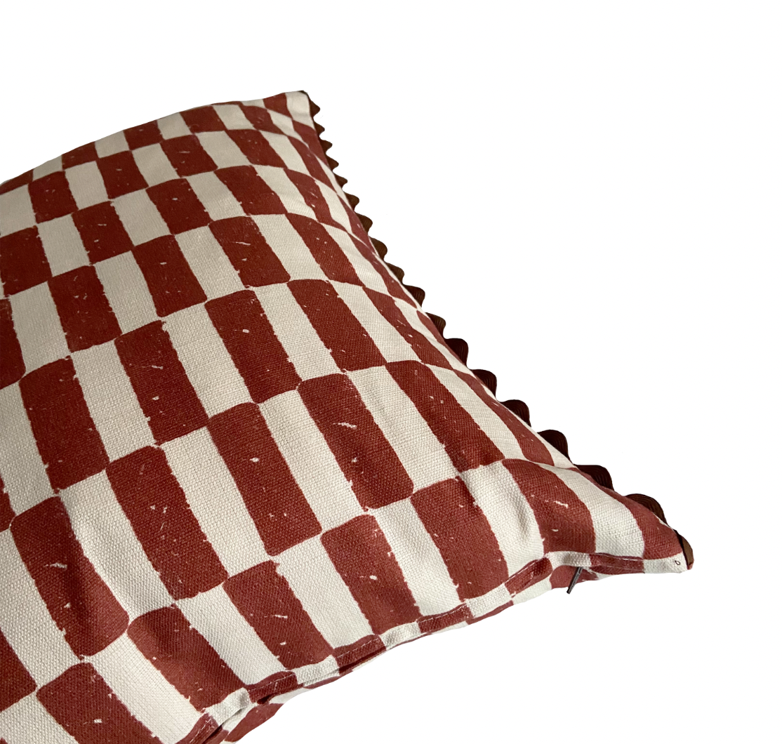 CHECKERS CUSHION WITH RIC RAC TRIM