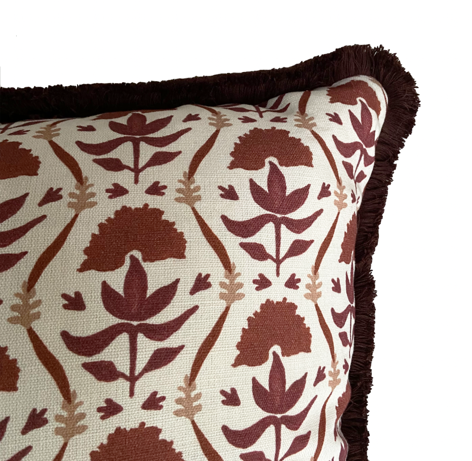 FLORAL RIBBON CUSHION WITH BRUSH FRINGE