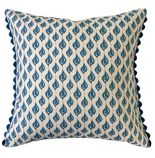 MEANDER CUSHION WITH TEAL RIC RAC TRIM